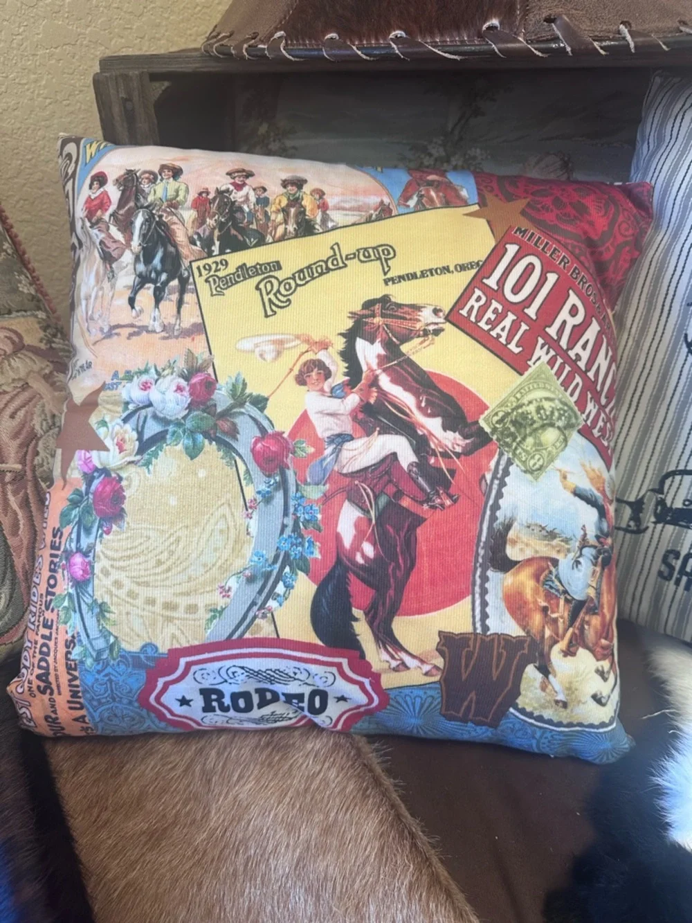 Pendleton Western Rodeo Collage Decorative Pillow - Red, Yellow, Blue, Brown